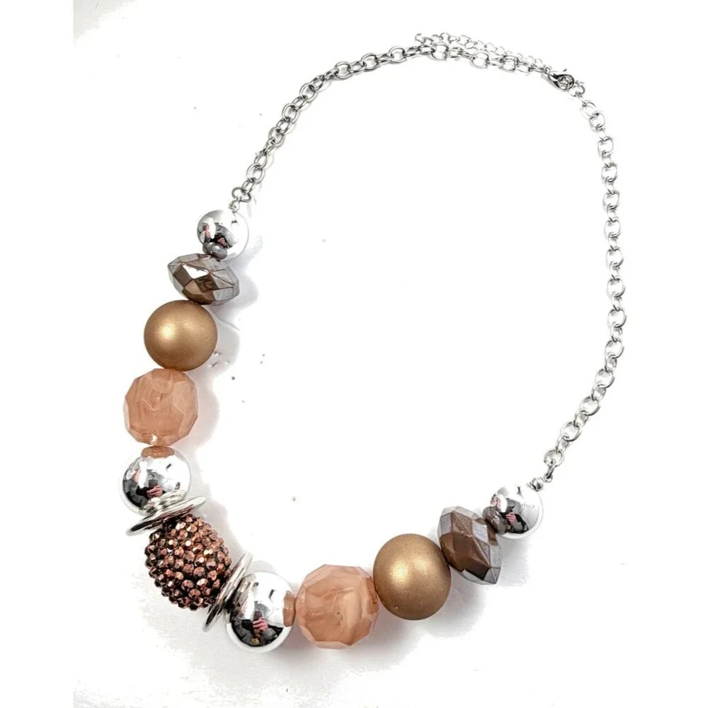 Vintage Blush Bead Necklace Rhinestone Pave Accent Gold Silver Tone 18-20